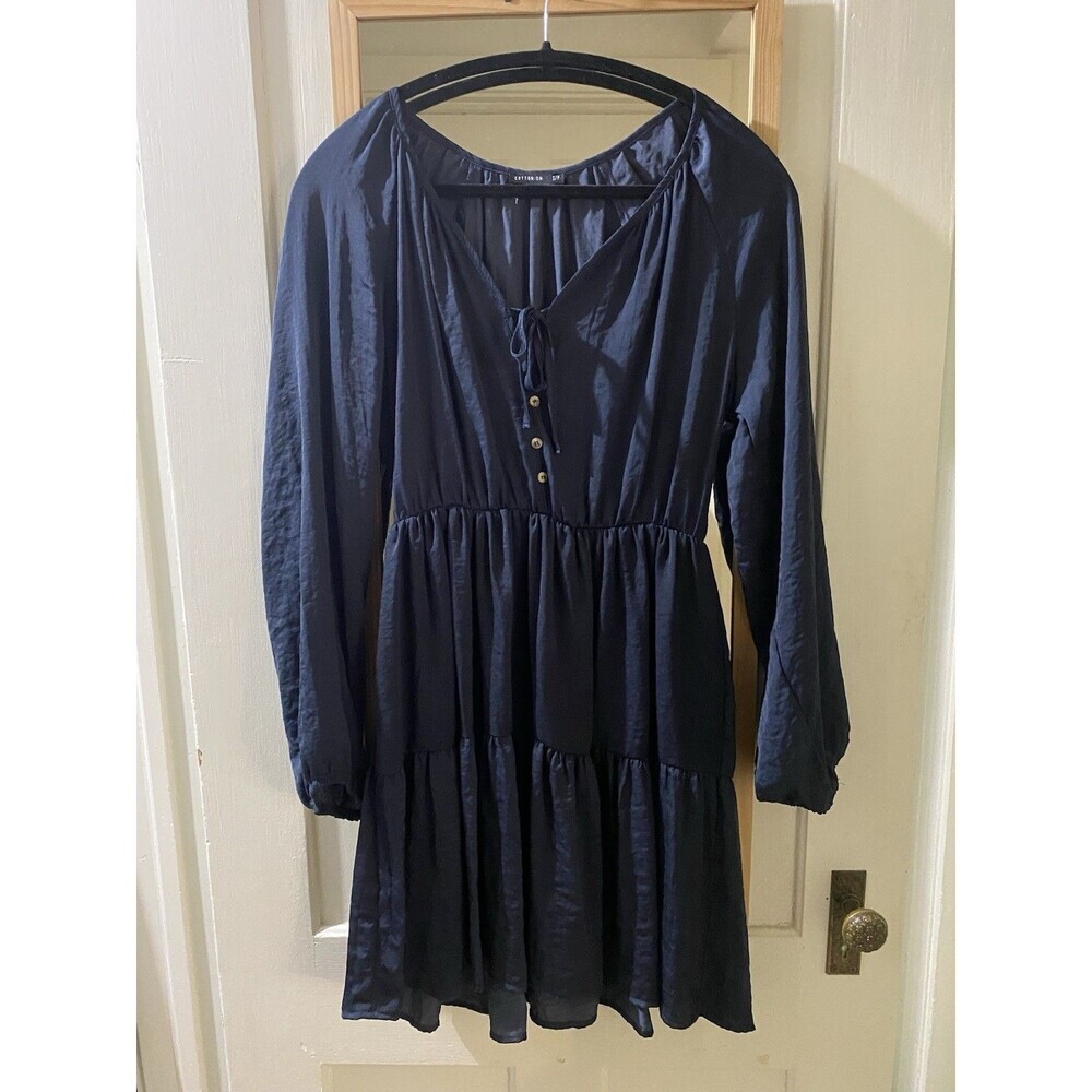 Cotton On Long Sleeve  Navy Blue Tiered Mini Dress Boho Chic Women’s Size S